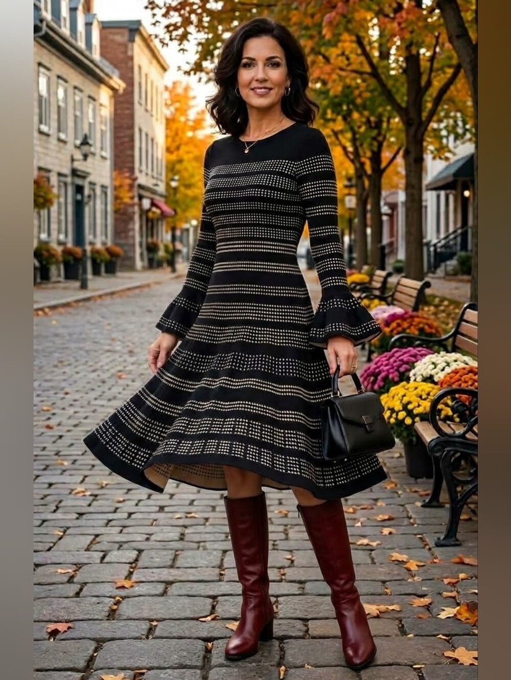 TAYLOR Sublime Robe Midi Évasée / Coupe A-Line– Motif Géométrique Chic